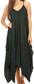 Sakkas Eleonora Stonewashed Embroidered Spaghetti Strap Handkerchief Dress#color_DarkGreen
