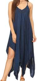 Sakkas Eleonora Stonewashed Embroidered Spaghetti Strap Handkerchief Dress#color_Navy