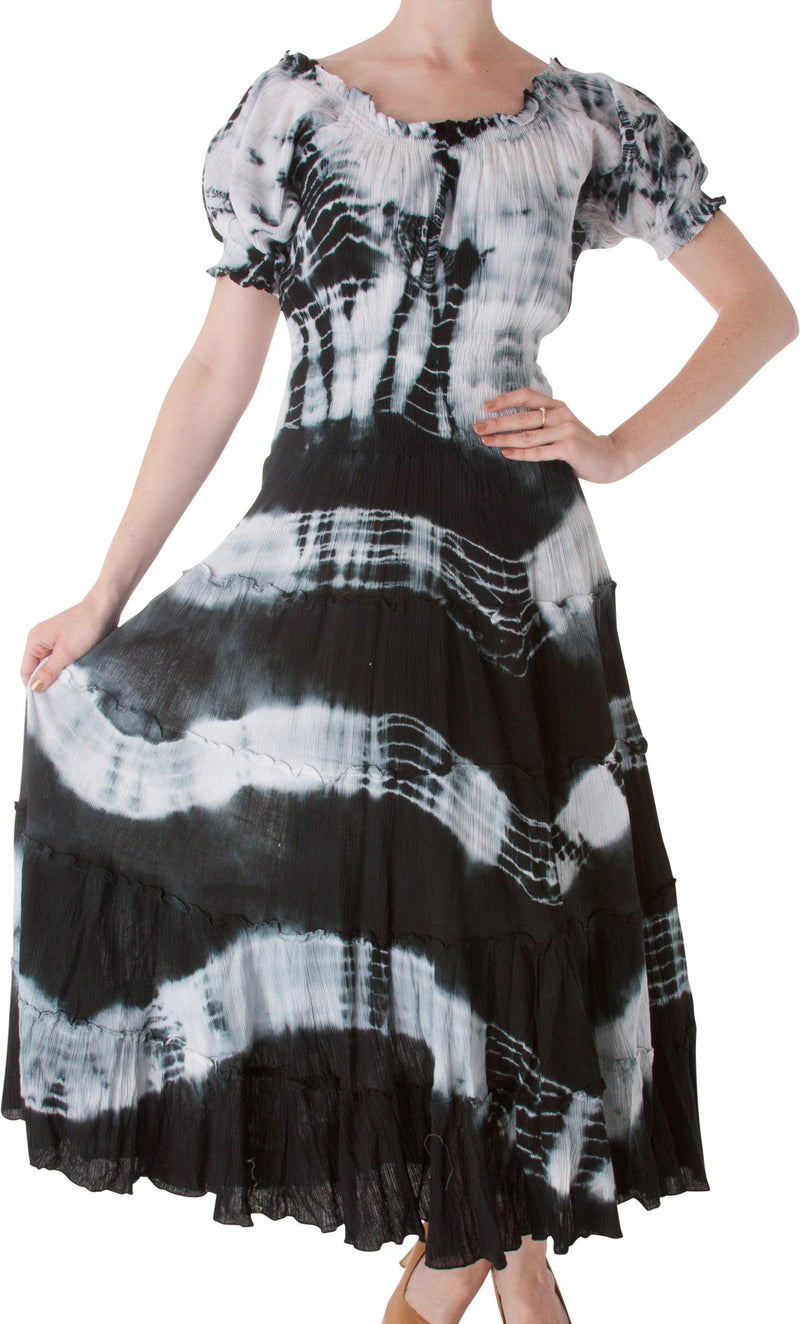 2-Tone Tie Dye Cap Sleeves Smocked Waist Tiered Guazy Long Dress