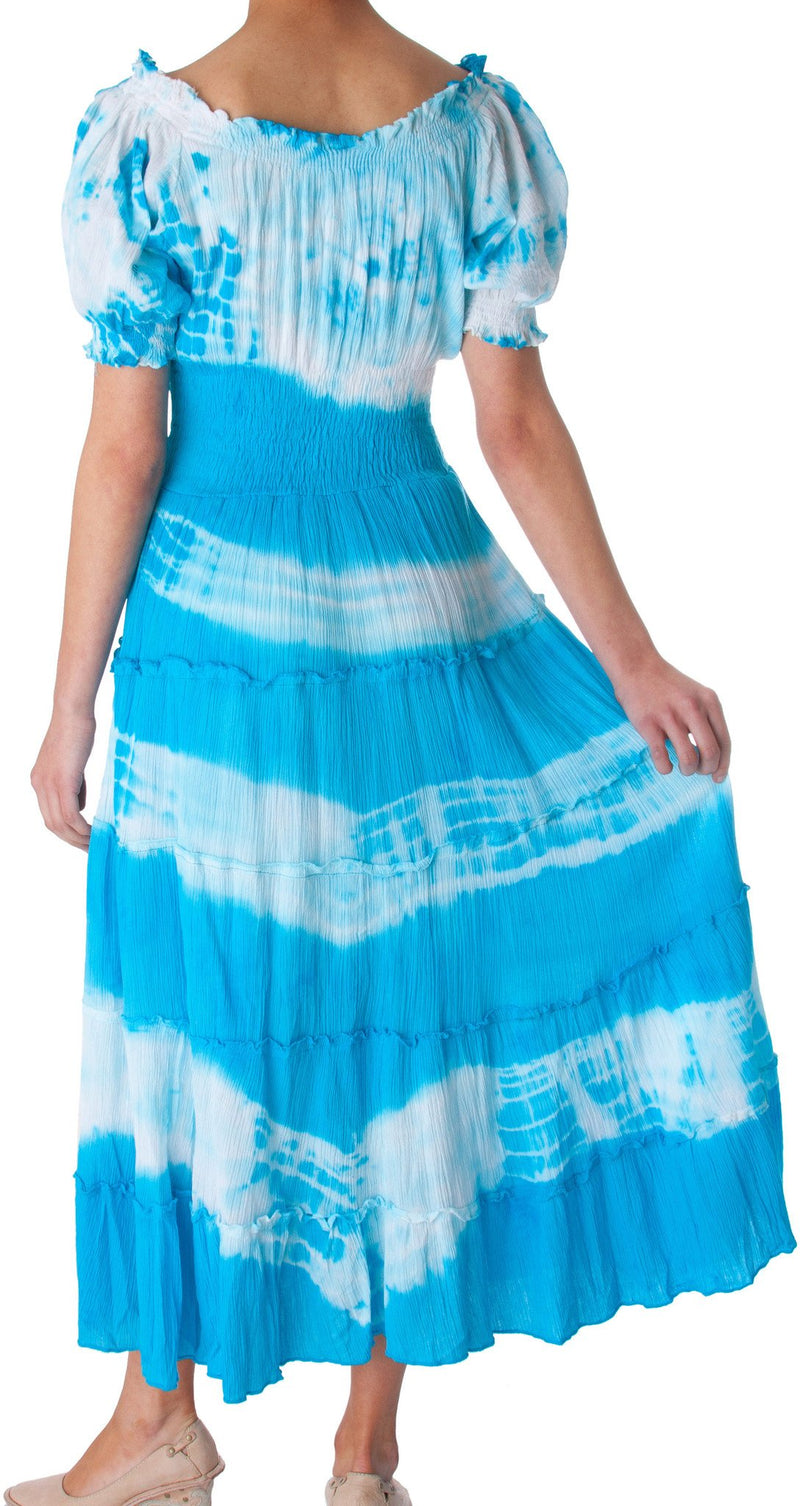 2-Tone Tie Dye Cap Sleeves Smocked Waist Tiered Guazy Long Dress