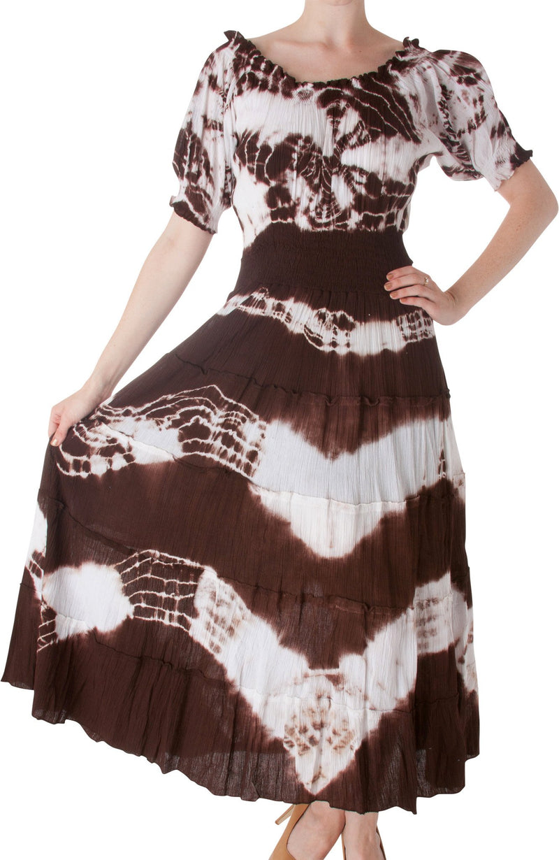 2-Tone Tie Dye Cap Sleeves Smocked Waist Tiered Guazy Long Dress