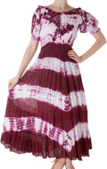2-Tone Tie Dye Cap Sleeves Smocked Waist Tiered Guazy Long Dress#color_Burgundy