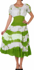 2-Tone Tie Dye Cap Sleeves Smocked Waist Tiered Guazy Long Dress#color_Green
