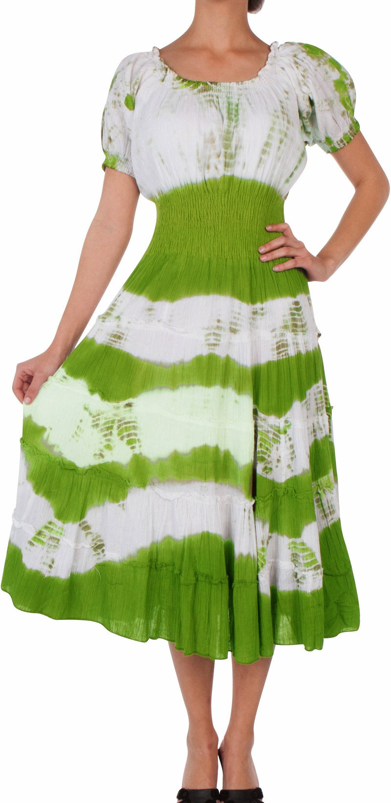 2-Tone Tie Dye Cap Sleeves Smocked Waist Tiered Guazy Long Dress