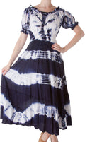 2-Tone Tie Dye Cap Sleeves Smocked Waist Tiered Guazy Long Dress#color_Navy
