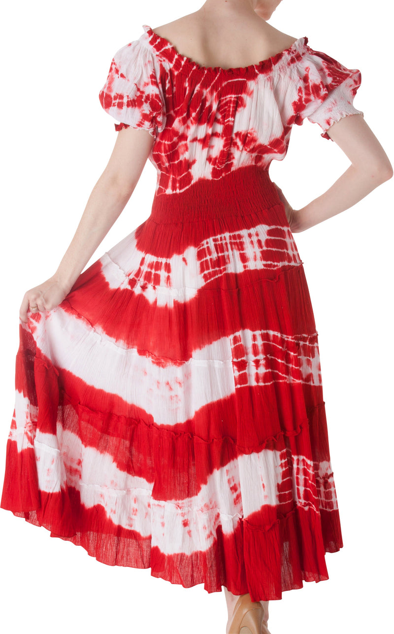 2-Tone Tie Dye Cap Sleeves Smocked Waist Tiered Guazy Long Dress
