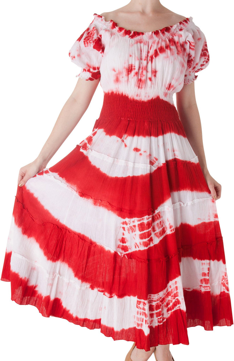 2-Tone Tie Dye Cap Sleeves Smocked Waist Tiered Guazy Long Dress