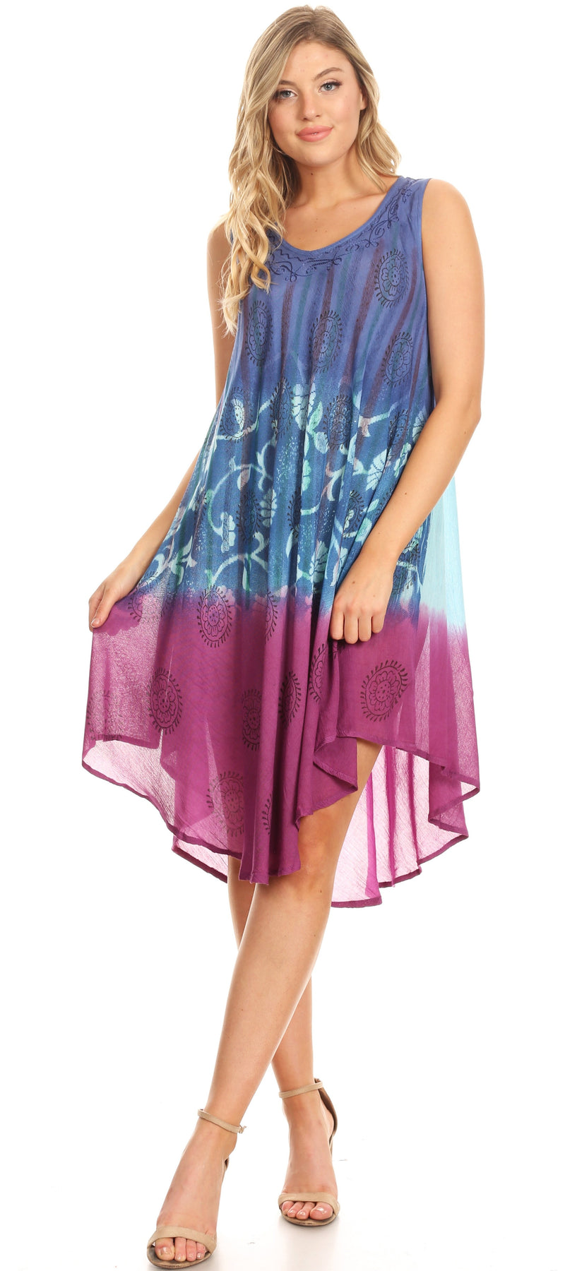 Sakkas Lisa Dip Dyed Floral Batik Short Sleeve Dress / Cover Up