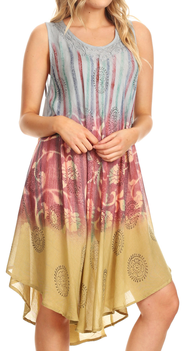 Sakkas Lisa Dip Dyed Floral Batik Short Sleeve Dress / Cover Up