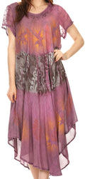 Sakkas Laramie Short Sleeve Stonewashed Ethnic Print Dress with Embroidery#color_Fuschia