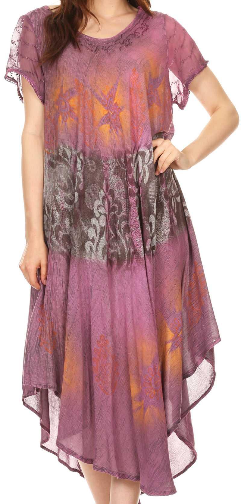 Sakkas Laramie Short Sleeve Stonewashed Ethnic Print Dress with Embroidery