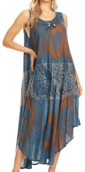 Sakkas Laramie Short Sleeve Stonewashed Ethnic Print Dress with Embroidery#color_Blue