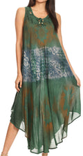 Sakkas Laramie Short Sleeve Stonewashed Ethnic Print Dress with Embroidery#color_DarkGreen