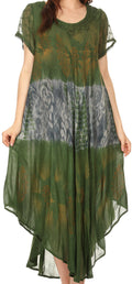 Sakkas Laramie Short Sleeve Stonewashed Ethnic Print Dress with Embroidery#color_Green