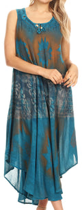Sakkas Laramie Short Sleeve Stonewashed Ethnic Print Dress with Embroidery#color_Turquoise