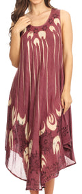 Sakkas Ecrin Women Tie-dye Sleeveless Stonewashed Caftan Cover up Dress Flowy#color_Burgundy