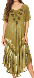 Sakkas Lida Womens Everyday Summer Relaxed Dress with Short Sleeves & Block Print#color_ArmyGreen
