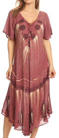 Sakkas Lida Womens Everyday Summer Relaxed Dress with Short Sleeves & Block Print#color_Burgundy