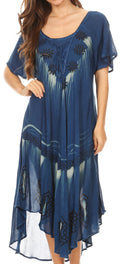 Sakkas Lida Womens Everyday Summer Relaxed Dress with Short Sleeves & Block Print#color_DenimBlue