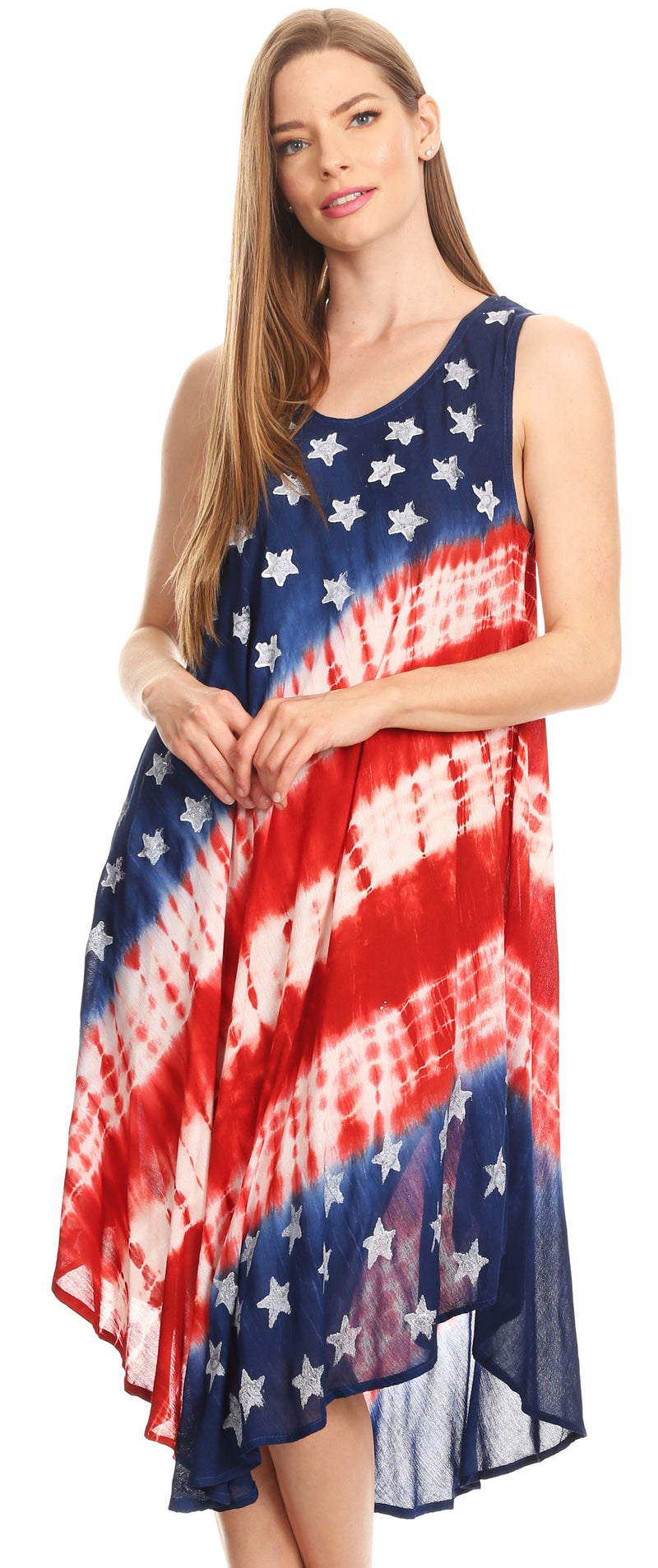 Sakkas Helen Stars and Stripes Patriotic Summer Tank Dress Light Casual Simple