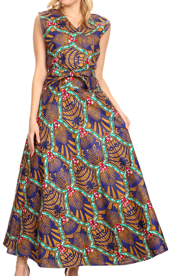 Sakkas Beyaz Women's Maxi Sleeveless Wrap Long Dress with Pockets V neck African#color_12-CamelMulti