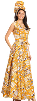 Sakkas Beyaz Women's Maxi Sleeveless Wrap Long Dress with Pockets V neck African#color_132-GoldMulti
