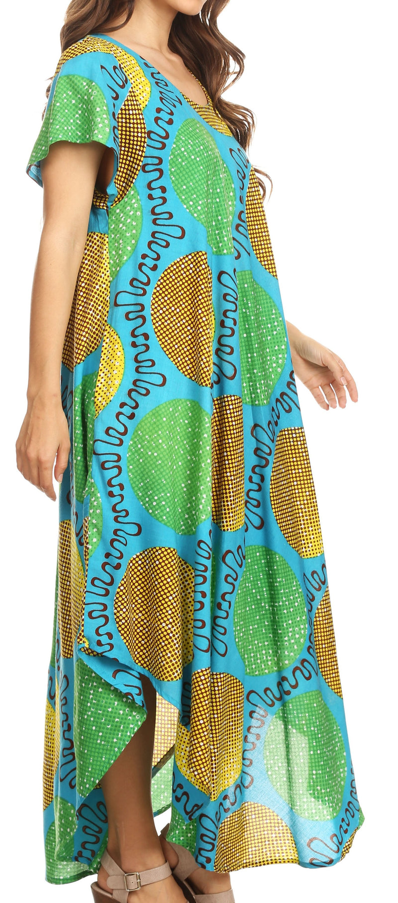Sakkas Merve Womens Maxi Short Sleeve  Dress High Low on Ankara Print w/Pockets