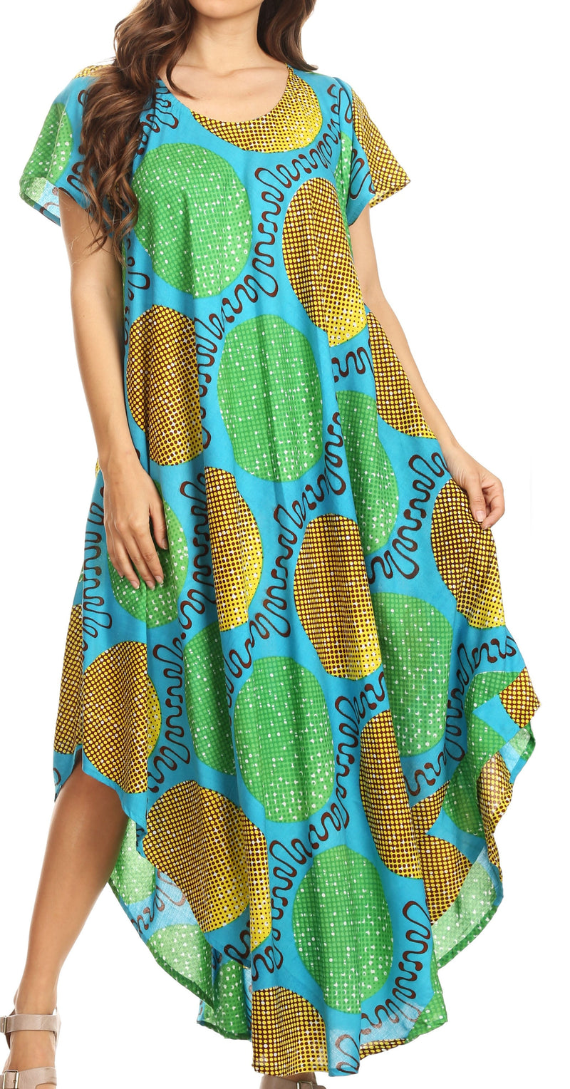 Sakkas Merve Womens Maxi Short Sleeve  Dress High Low on Ankara Print w/Pockets