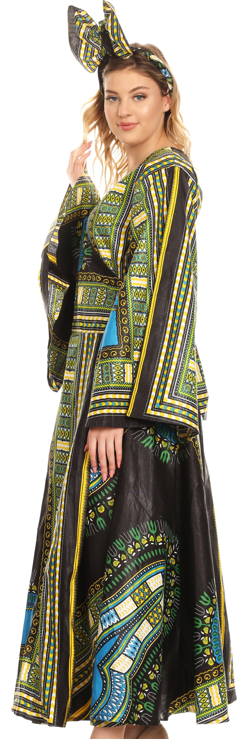 Sakkas Esteva Women's African Dashiki Print V neck Maxi Long Sleeve Wrap Dress