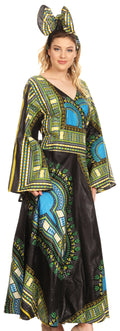 Sakkas Esteva Women's African Dashiki Print V neck Maxi Long Sleeve Wrap Dress #color_Black