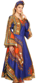 Sakkas Esteva Women's African Dashiki Print V neck Maxi Long Sleeve Wrap Dress #color_Navy