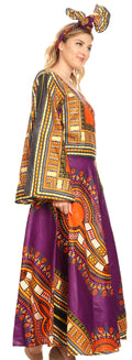 Sakkas Esteva Women's African Dashiki Print V neck Maxi Long Sleeve Wrap Dress #color_Purple
