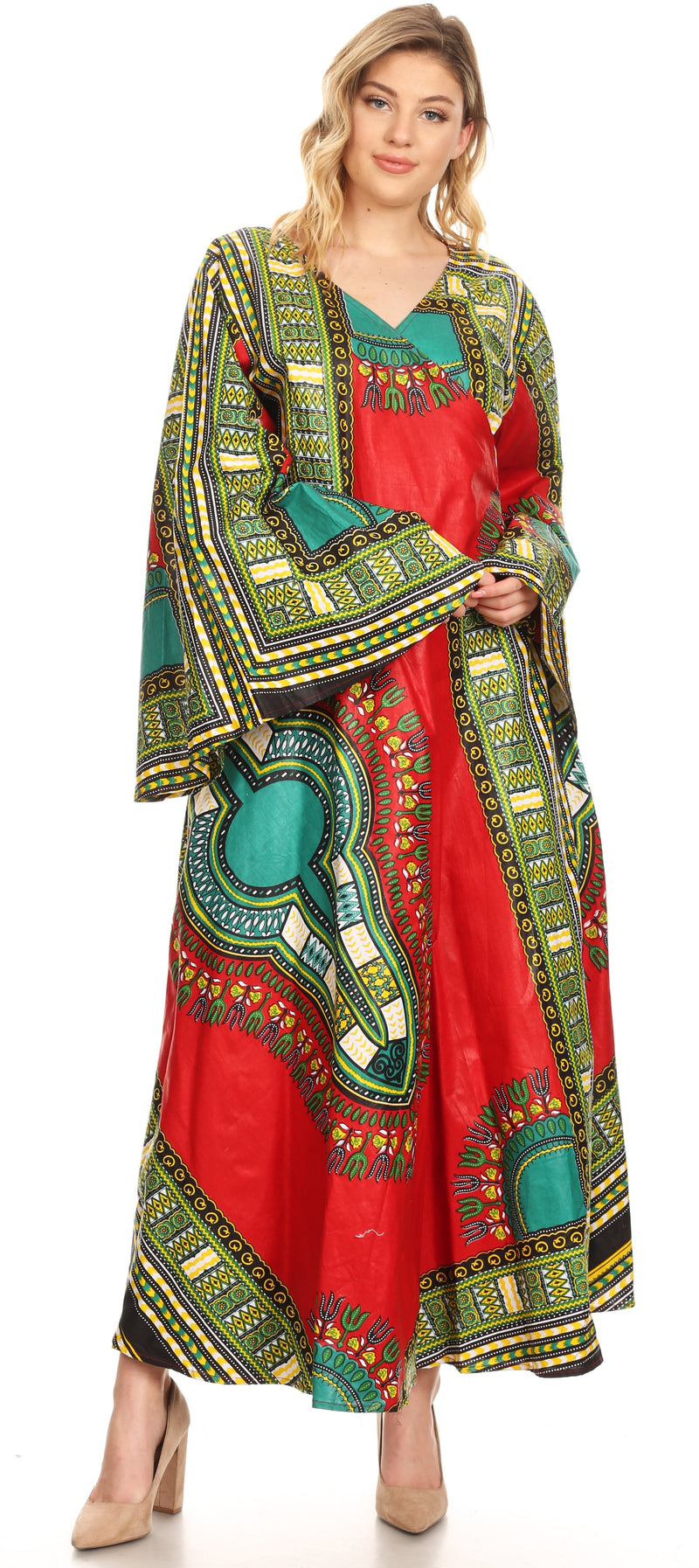 Sakkas Esteva Women's African Dashiki Print V neck Maxi Long Sleeve Wrap Dress