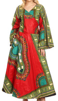 Sakkas Esteva Women's African Dashiki Print V neck Maxi Long Sleeve Wrap Dress #color_Red