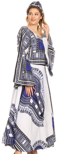 Sakkas Esteva Women's African Dashiki Print V neck Maxi Long Sleeve Wrap Dress #color_White