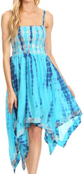 Sakkas Endea Tie Dye Smocked Bodice Hi-Low Handkerchief Hem Dress#color_Turquoise