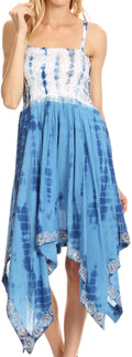 Sakkas Endea Tie Dye Smocked Bodice Hi-Low Handkerchief Hem Dress#color_Blue