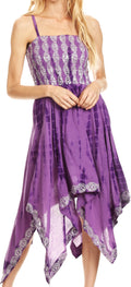 Sakkas Endea Tie Dye Smocked Bodice Hi-Low Handkerchief Hem Dress#color_Purple