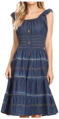 Sakkas Elis Womens Bohemiam Denim Off shoulder Dress Short Casual Smock Sundress#color_Chambray-Brown