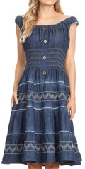 Sakkas Elis Womens Bohemiam Denim Off shoulder Dress Short Casual Smock Sundress#color_Chambray-White