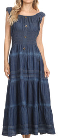 Sakkas Eva Womens Bohemiam Denim Off shoulder Dress Maxi Casual Smock Sundress#color_Chambray-Multi
