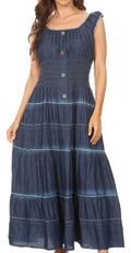 Sakkas Eva Womens Bohemiam Denim Off shoulder Dress Maxi Casual Smock Sundress#color_Chambray-Turquoise