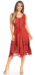 Sakkas Magdilena Stonewashed Corset Front Embroidered Dress#color_Red