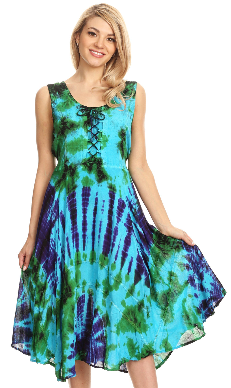 Sakkas Mathilde  Marble Tie-dye Sleeveless Tank Dress Tiered and Corset