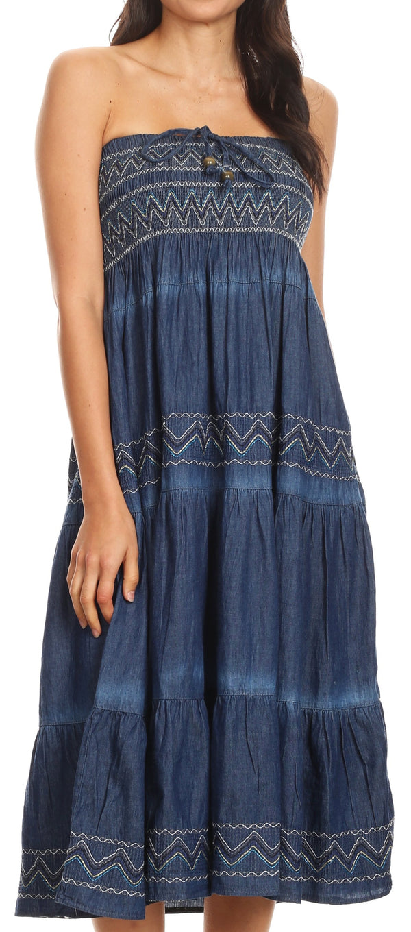 Sakkas Eliza Womens Denim Tube Top Dress Boho Strapless Sleeveless Chambray Maxi#color_Chambray-Metallic