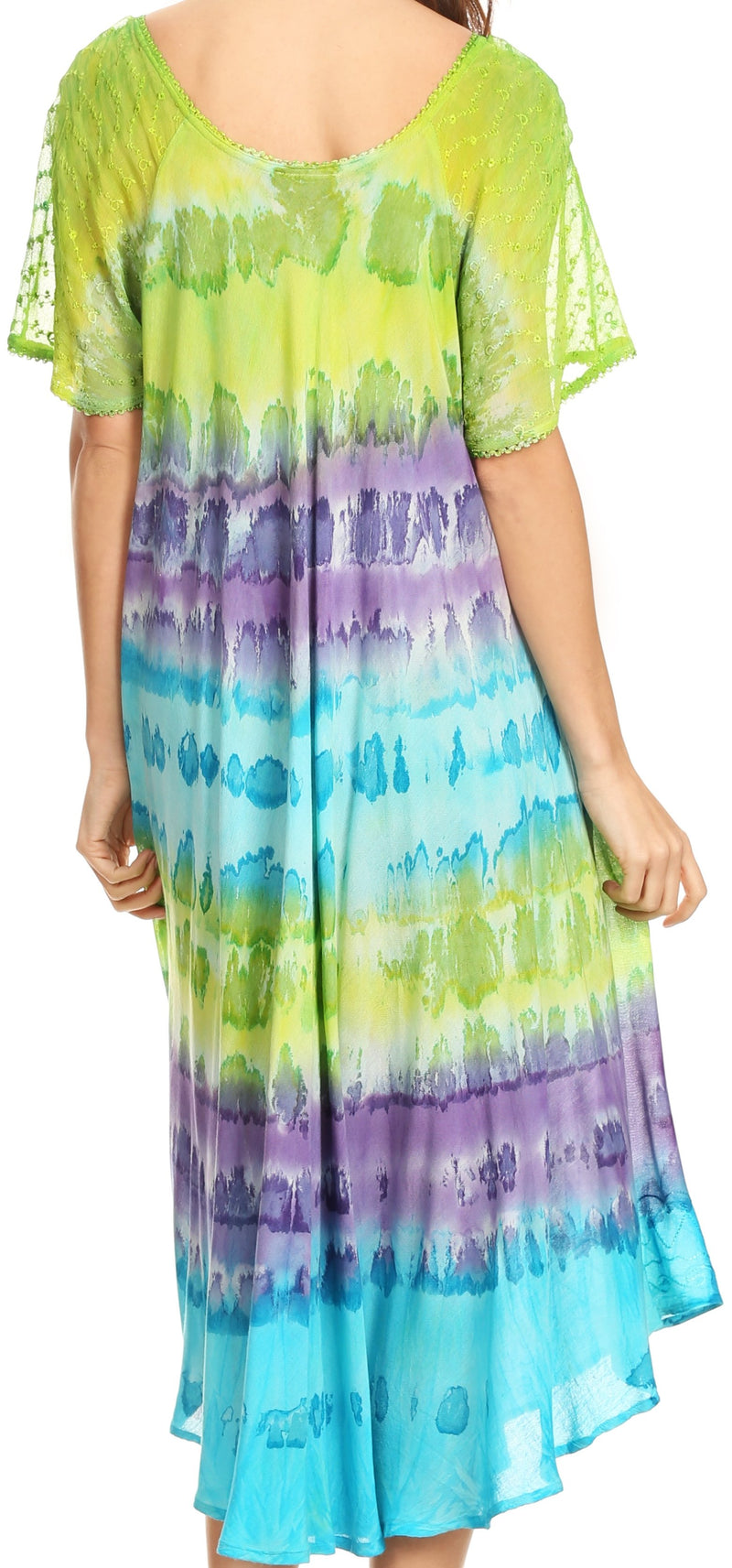 Sakkas Sula Tie-Dye Wide Neck Embroidered Boho Sundress Caftan Cover Up