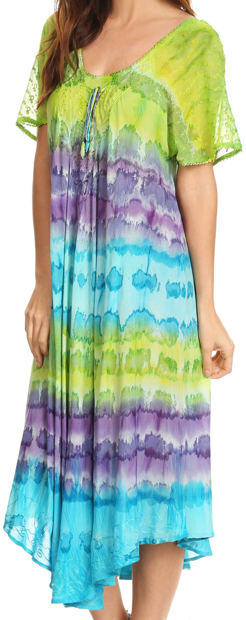 Sakkas Sula Tie-Dye Wide Neck Embroidered Boho Sundress Caftan Cover Up