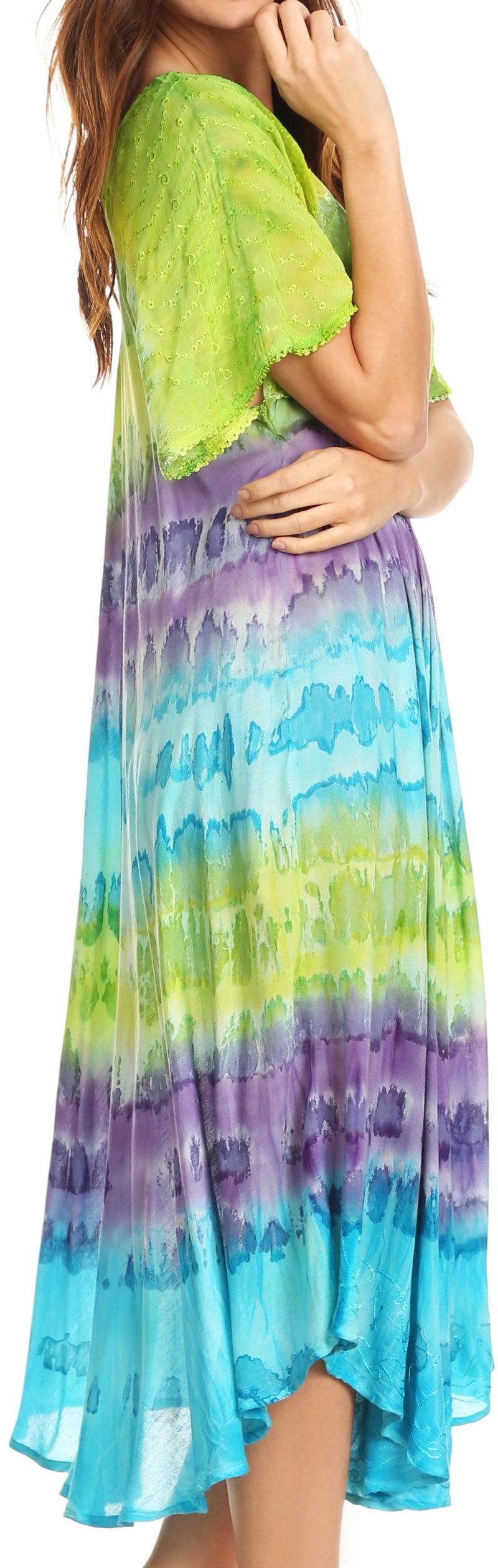 Sakkas Sula Tie-Dye Wide Neck Embroidered Boho Sundress Caftan Cover Up