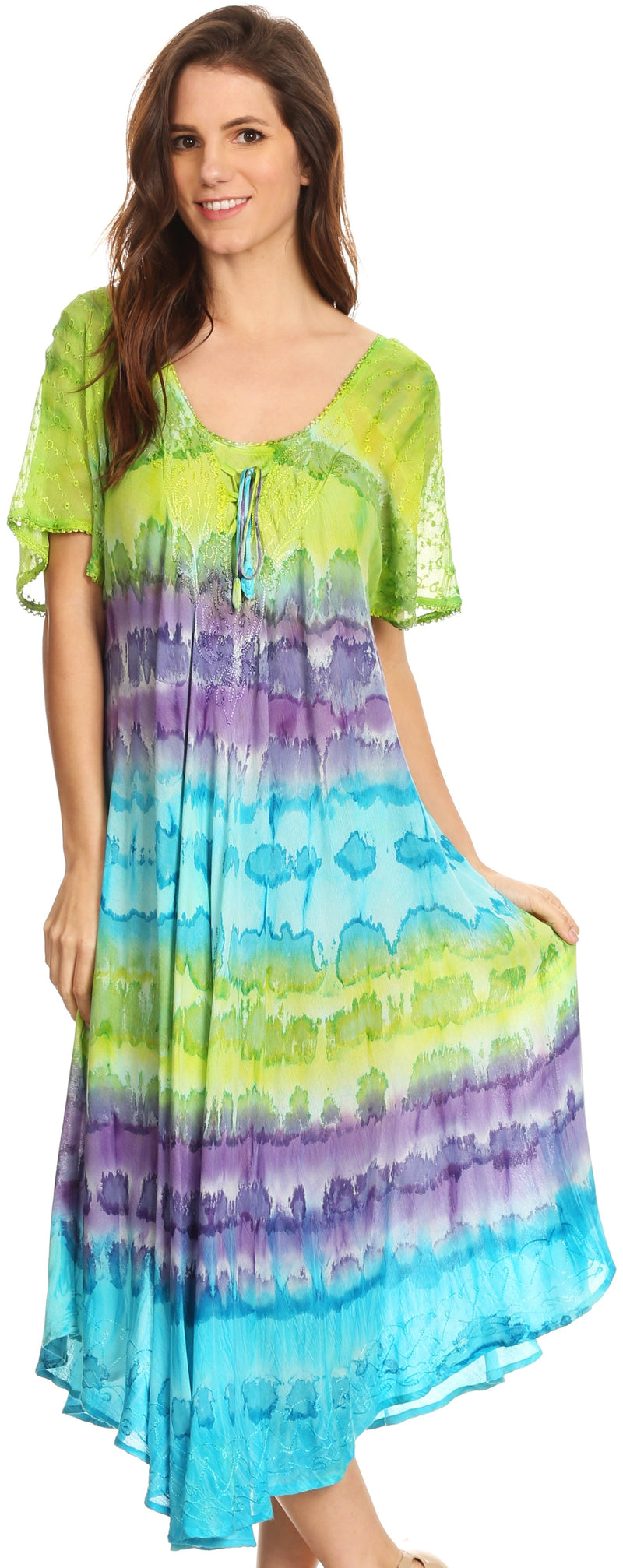 Sakkas Sula Tie-Dye Wide Neck Embroidered Boho Sundress Caftan Cover Up