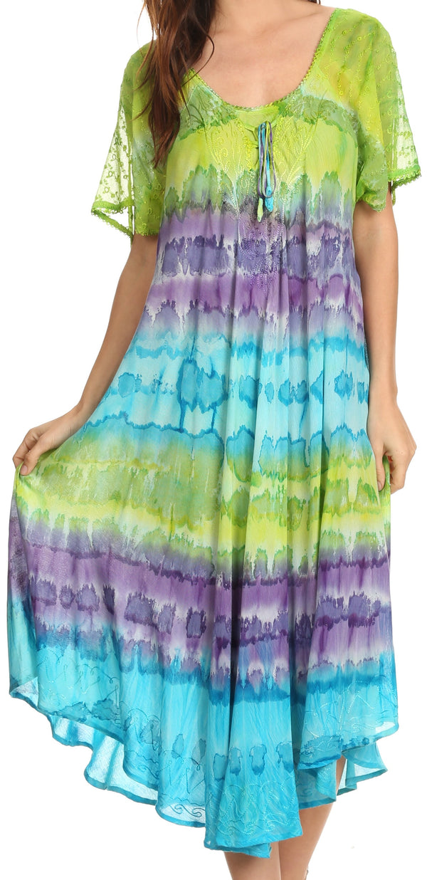Sakkas Sula Tie-Dye Wide Neck Embroidered Boho Sundress Caftan Cover Up#color_Green/Purple
